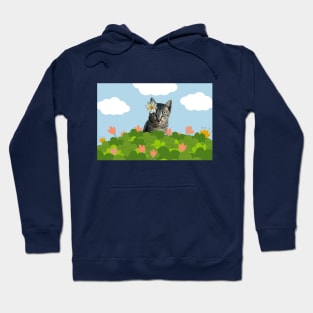 Tabby cat in flower bushes on brighten day Hoodie